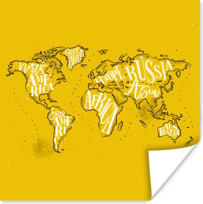 Muurdecoratie - Wereldkaart - Geel - Wit - Letters - 50x50 cm - Poster