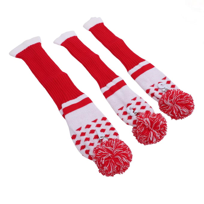 Ensemble de 3 Housses de Tête Tricotées Rayées pour Club de Golf 1 3 5 avec Pompon Rouge Ajustement Serré white