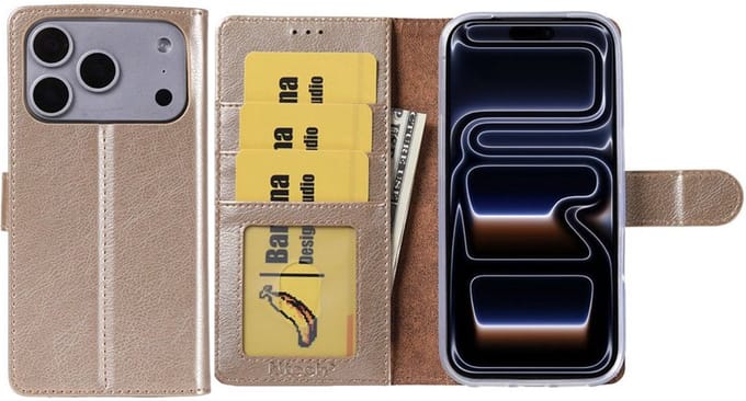 Hoesje Geschikt voor iPhone 17 Pro – Arara bookcase met pasjeshouder - Goud