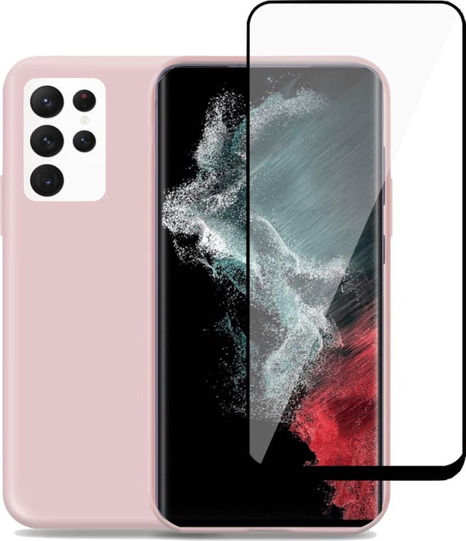 Hoesje geschikt voor Samsung S22 Ultra + Screenprotector – Full Screen Tempered Glass - Liquid Back Case Cover Rose