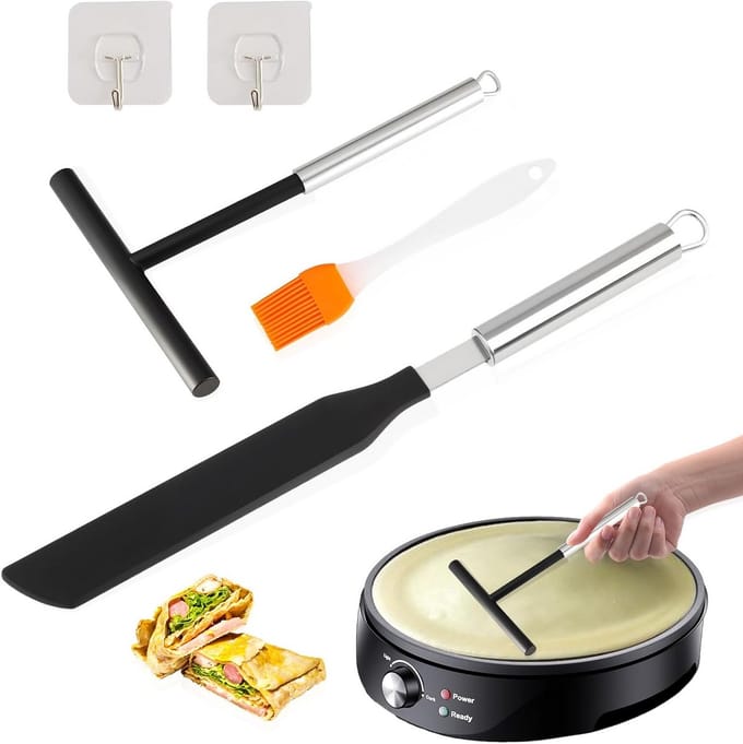 Pannenkoekenrooster Set - Roestvrij Staal Spatel en Schraper met Oliekwast, 19,5 cm