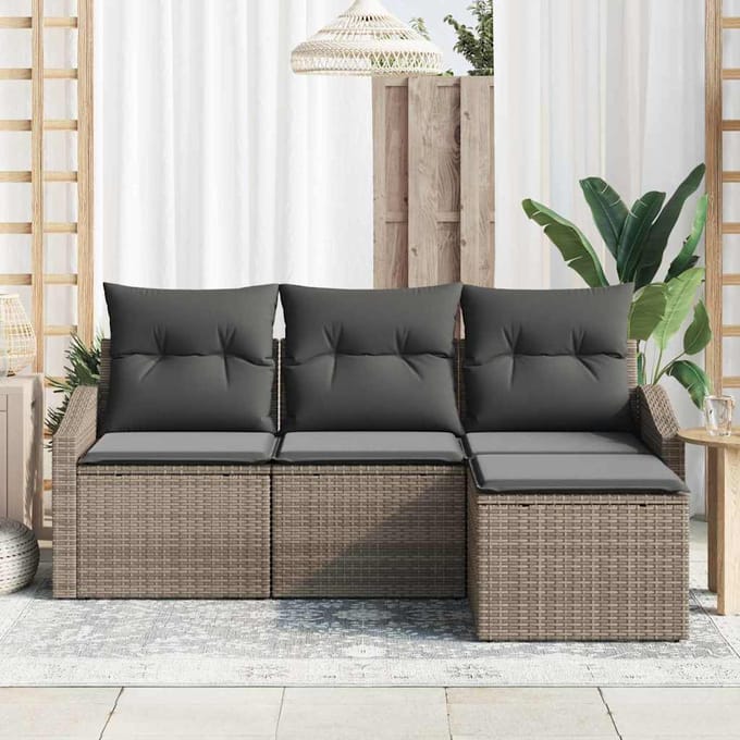 vidaXL Bankstel met kussen met opslag 4 pcs Grijs poly rattan
