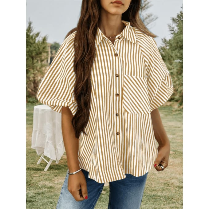 Dames gestreepte pofmouw blouse V-hals met kraag knoopsluiting losse top XL kaki