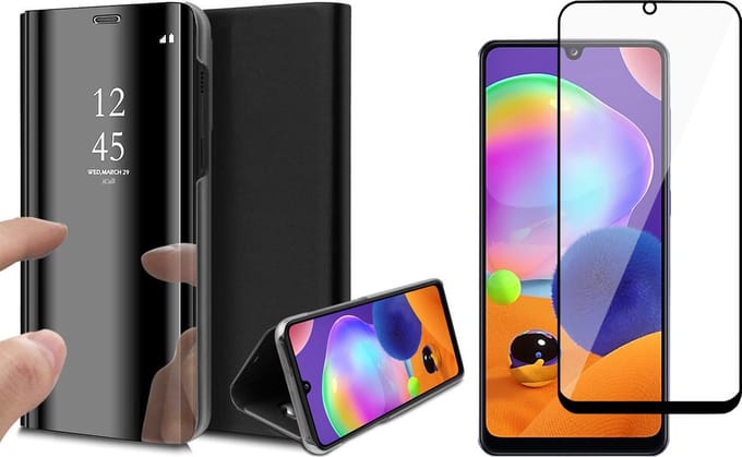 Hoesje geschikt voor Samsung Galaxy A31 - Screen Protector FullGuard - Book Case Spiegel Zwart & Screenprotector