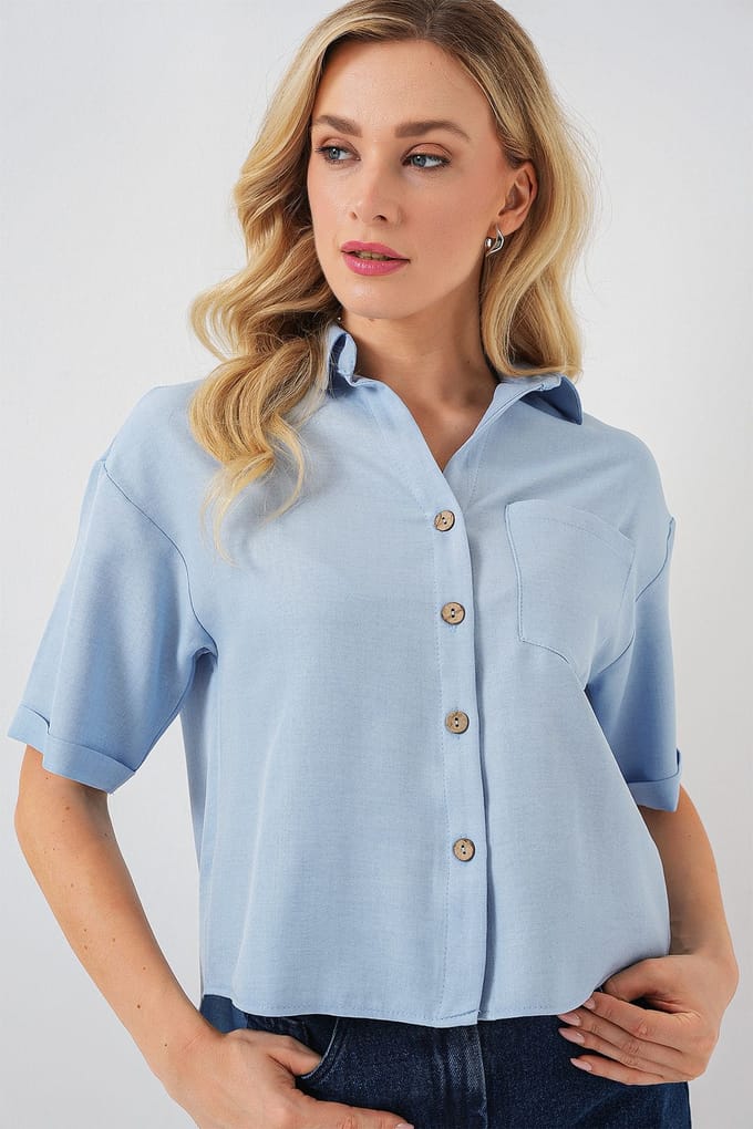 Linnen Gemengde Korte Mouw Knop-Up Crop Shirt