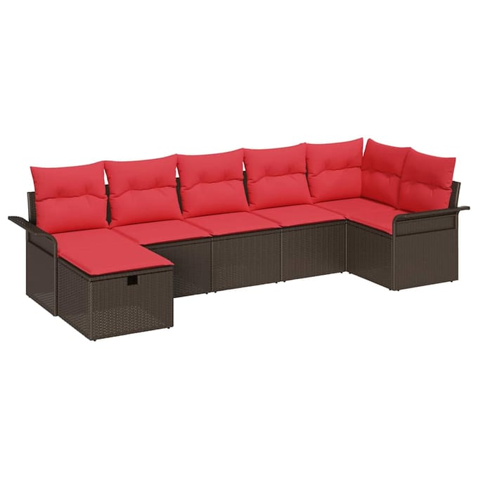 vidaXL - Tuinbank - Set - 7 - st - Bruin - en - Rood - poly - rattan