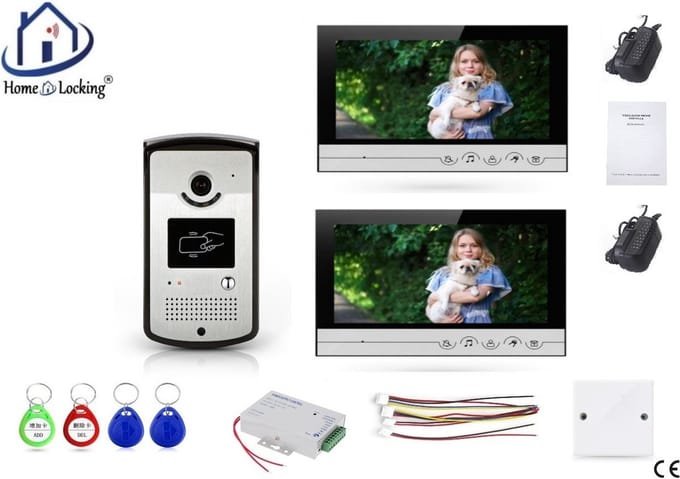 Home-Locking complete deur intercom/videofoon met 2 binnen 9" panelen en elektro box 12VDC voor aansluiting elektrisch slot.DT-2225-1E-2