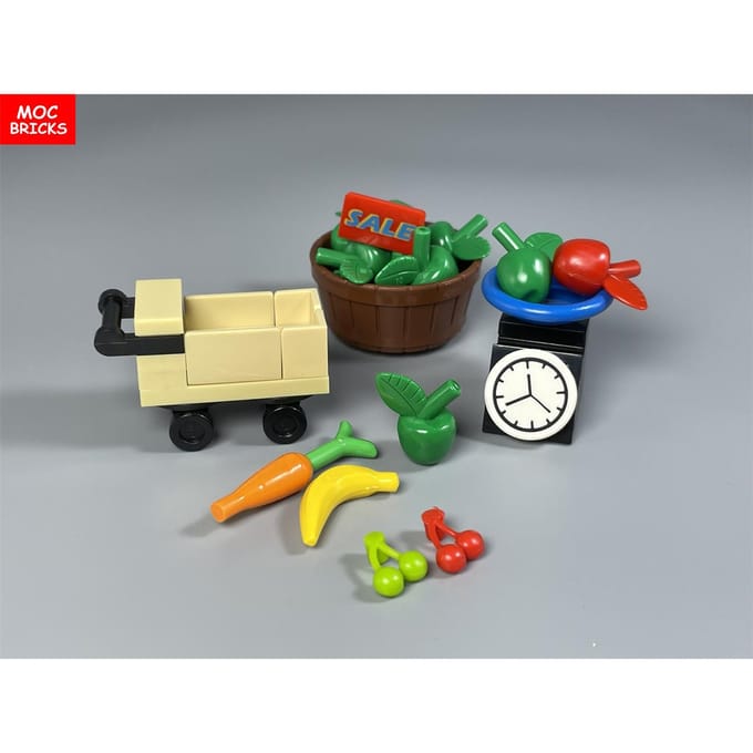 MOC Stenen Voedsel Fruit Display Plank Gereedschap Stad Keuken Accessoires Educatief Bouwstenen Kinder Speelgoed