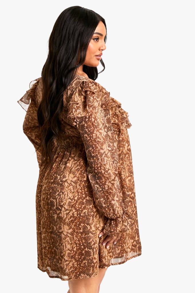 boohoo Dames Plus Snake Print Ruffle Smock Mini Jurk | Slangenprint | Maat: 44