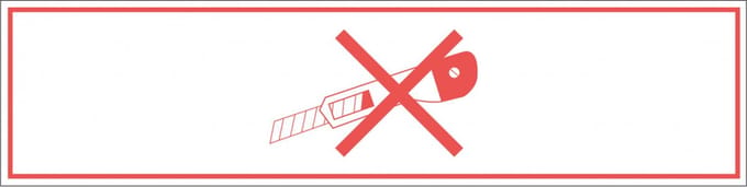 Niet snijden met mesje sticker, rood wit 200 x 50 mm