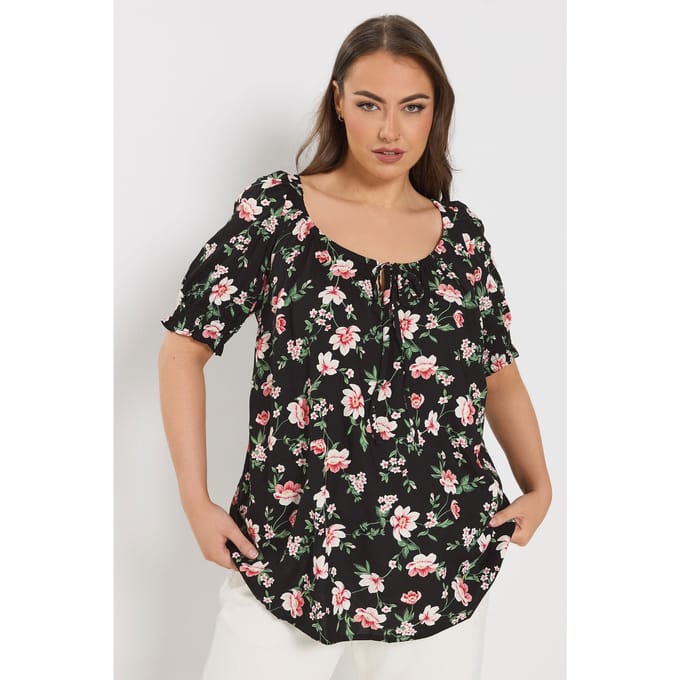 Yours Zwarte Top Met Bloemenprint En Strikhals Size 48