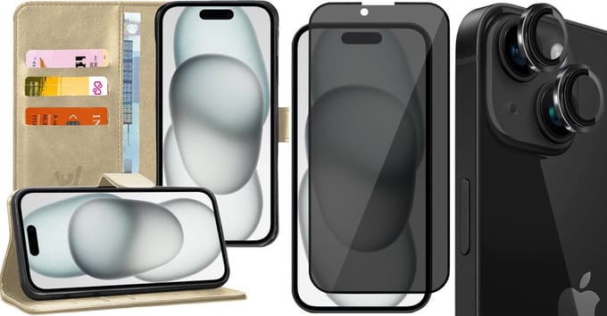 Hoesje geschikt voor iPhone 15 Plus - Privacy Screenprotector FullGuard & Camera Lens Screen Protector Zwart - Book Case Kunstleer Pasjeshouder Goud