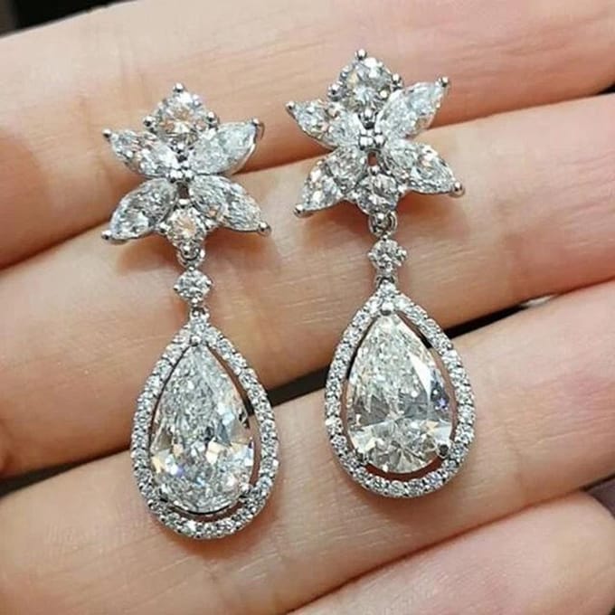 Exquis Boucles d'Oreilles Zirconium Forme Goutte d'Eau Poire Romantique Mariage Mariée platine
