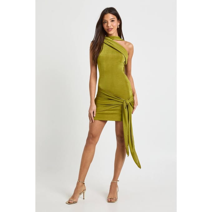 boohoo Dames Asymmetrische wikkel-mini-jurk in slinky-stijl | Olive | Maat: 8