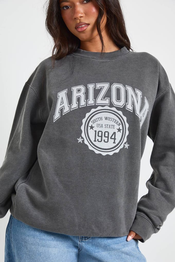 boohoo Dames Arizona Bedrukt Gewassen Oversized Sweatshirt | Houtskool | Maat: Large