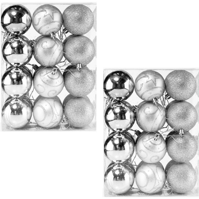 Kerstboomballen 48st Ø6cm - Mat Glanzend Glinsterend - Kunststof Zilver