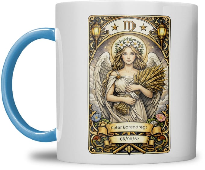 Sterrenbeeld mok - Maagd - Licht Blauw - Tarot mok - Gepersonaliseerd met naam en datum
