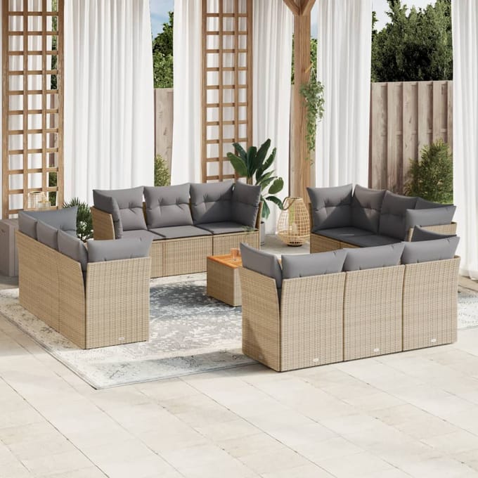 vidaXL - 13-delige - Loungeset - met - kussens - poly - rattan - gemengd - beige