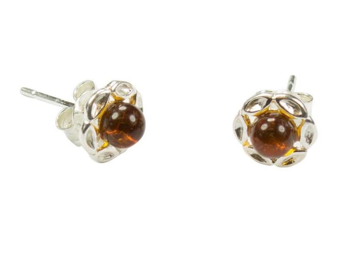 Zilveren knop oorbellen Barnsteen / Amber 925 zilver