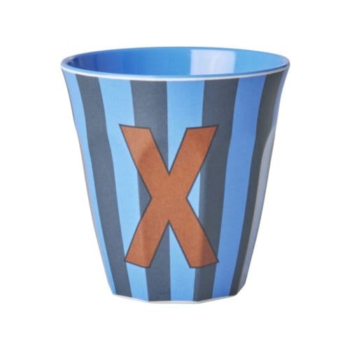 Rice melamine beker medium gestreept letter x, blauw