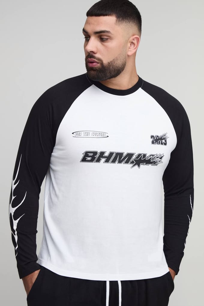 Plus Regular Fit Moto Graphic Long Sleeve Raglan T-Shirt | Black | Size 2XL