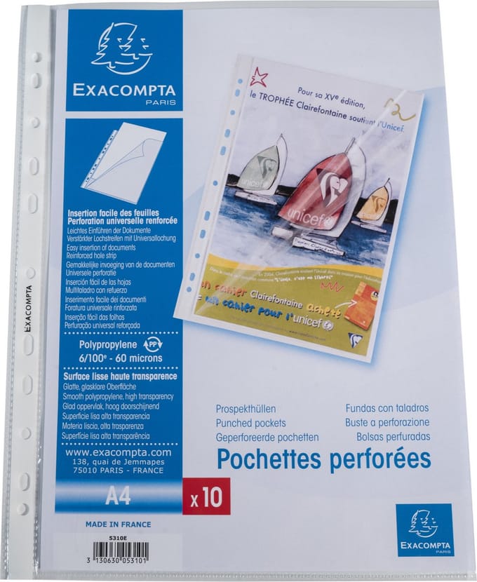 Exacompta Doos van 100 geperforeerde showtassen - zijdelingse opening - gladde PP 6/100ste - A4 - Transparant - 5800E