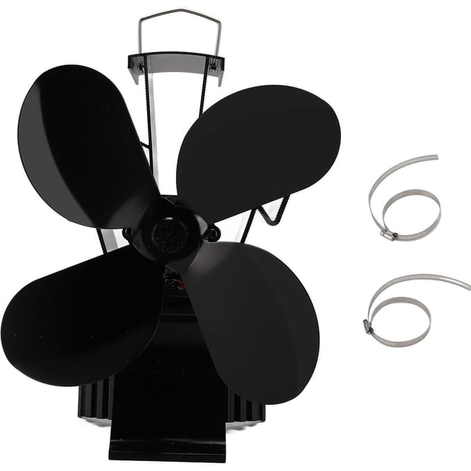 Ventilateur de cheminée à 4 feuilles avec indicateur de température magnétique, ventilateur de circulation d'air alimenté par la chaleur pour le bois domestique black