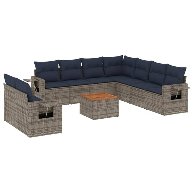 vidaXL - 10-delige - tuinbankset - met - kussens, - grijs - polyrotan