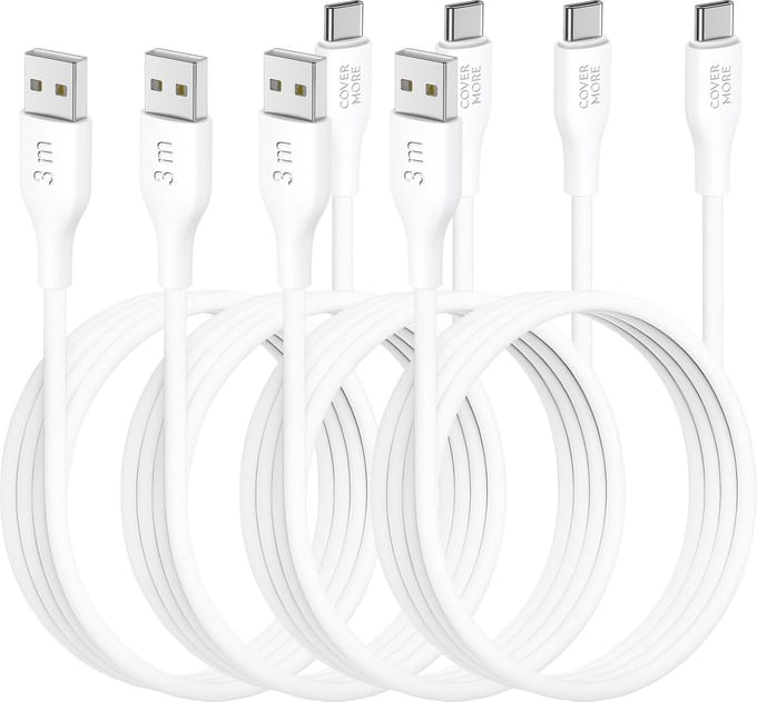 Usb C kabel 3 meter - Usb A naar usb C - 4 stuks - Voordeelpak - Lang - Wit