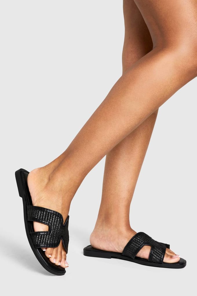 boohoo Dames Sandalen met ruime pasvorm en raffia cut-out | Black | Maat: 3
