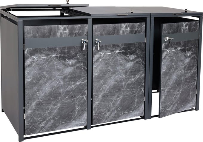 3 afvalemmers MCW-J82, uitschuifbare afvalbak, metaal 80kg, antraciet ~ donker marmer look