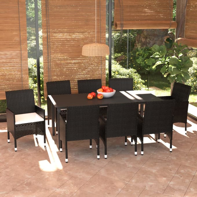 vidaXL - 9-delige - Tuinset - met - kussens - poly - rattan - zwart
