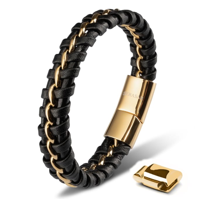 SERASAR Leren Armband voor Echte Mannen [Joy] - Goud 23cm - Manchet Cadeau Vol Vreugde