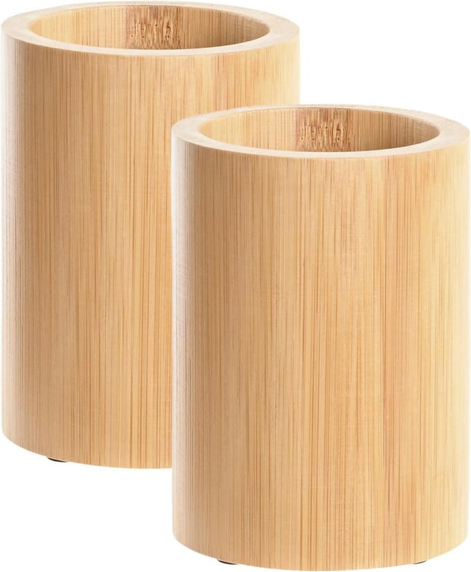 Item International badkamer tandenborstel houder/beker - 2x - bamboe - hout - 8 x 11 cm