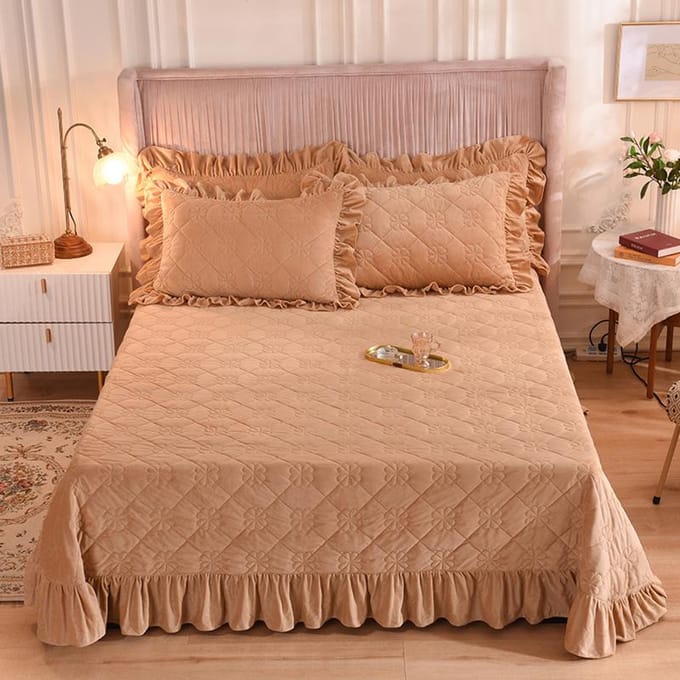 Couverture de lit d'hiver épaisse en velours doux, couvre-lit à volants, plaid, draps, couvre-lit sur le lit, couverture, couette, couvre-lit pour lit double 2pillowcase48x74cm marron clair