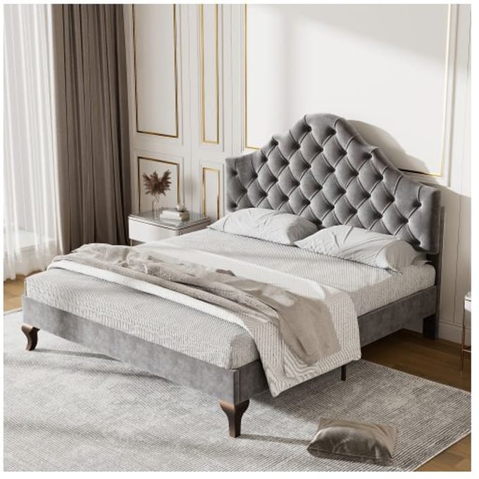 Lit rembourré - MUVOE - 140x200 cm - Tête de lit réglable - Velours gris - 2 places gris