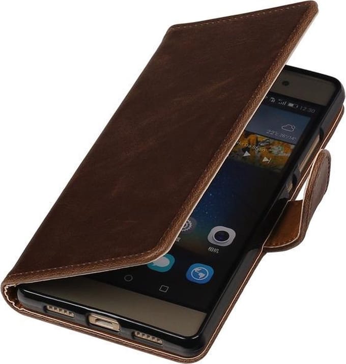 Donkerbruin vintage lederlook bookcase voor de Huawei P9 lite