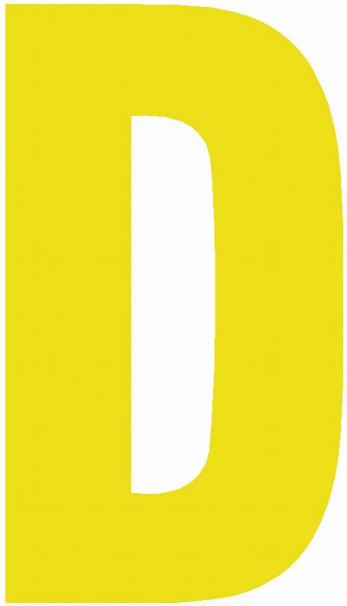 Lettersticker D GEEL 10x5cm, plakletter, huisnummersticker, toevoeging huisnummer