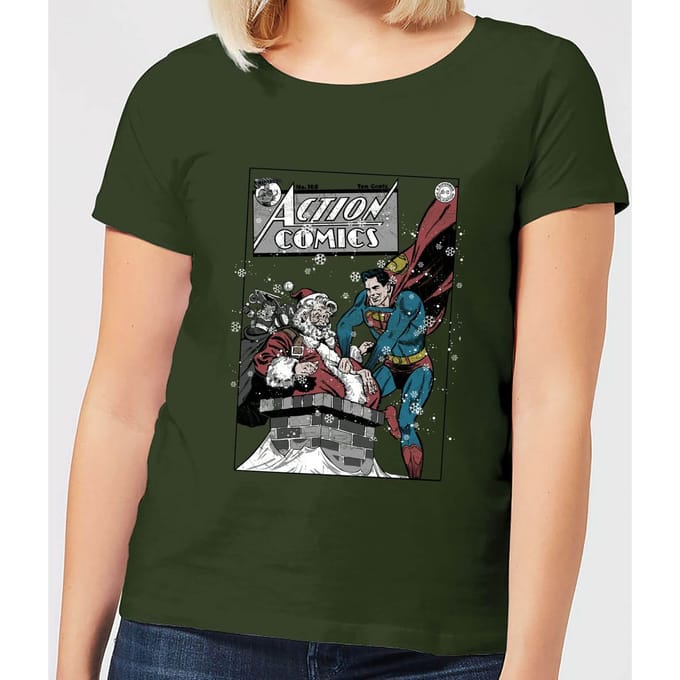 DC Superman Action Comics Women's Christmas T-Shirt - Forest Green - M