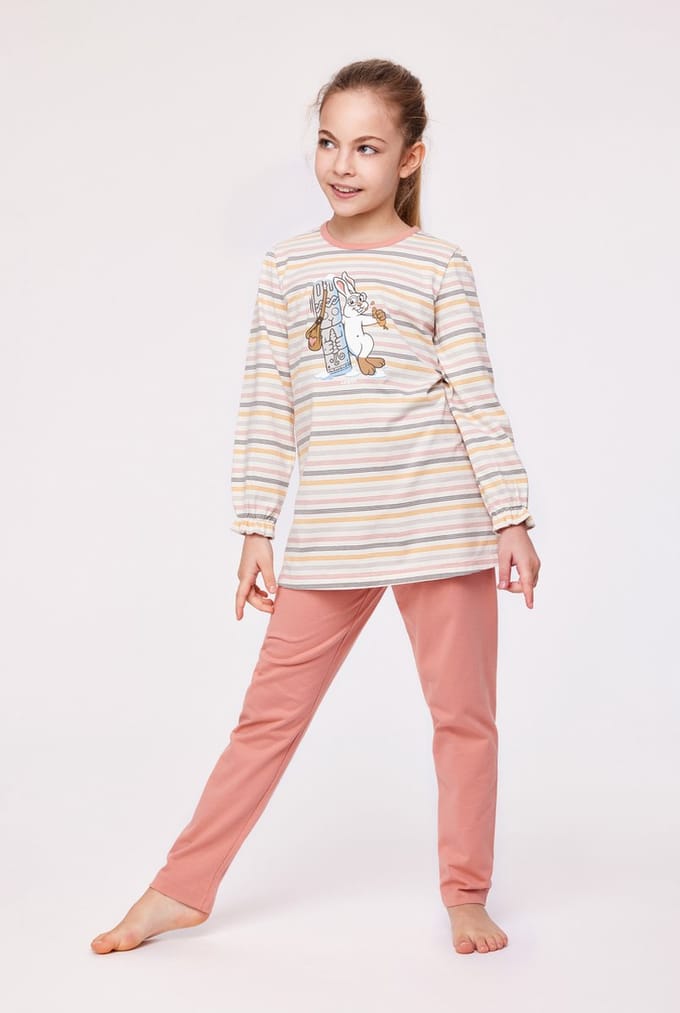 Woody pyjama meisjes/dames - multicolor gestreept - haas - 232-10-BLB-S/930 - maat 140