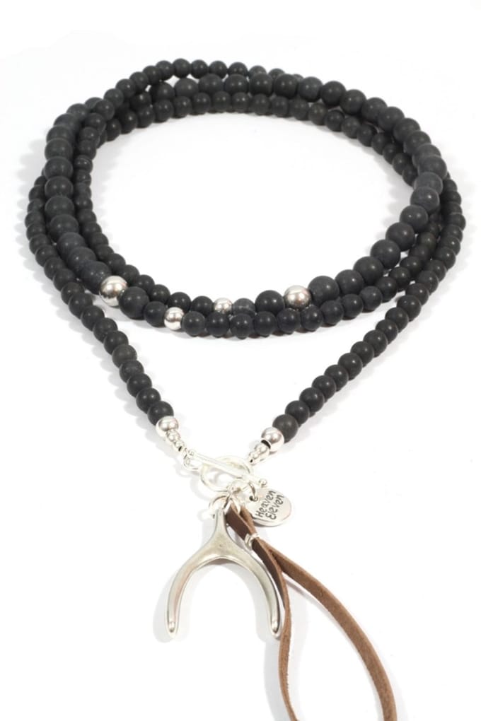Heaven Eleven dames Ketting zilver plating - onyx matte - zilver wishbone