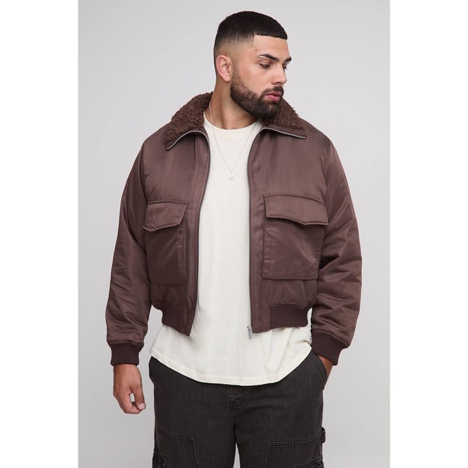 Plus Regular Fit Boucle Borg Collar Nylon Bomber Jacket | Chocolate | Size 2XL