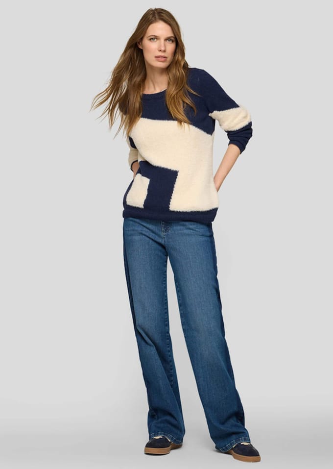 Tricot pullover van pluisgaren - blauw / gebroken wit - Gr. 48 van Goldner Fashion