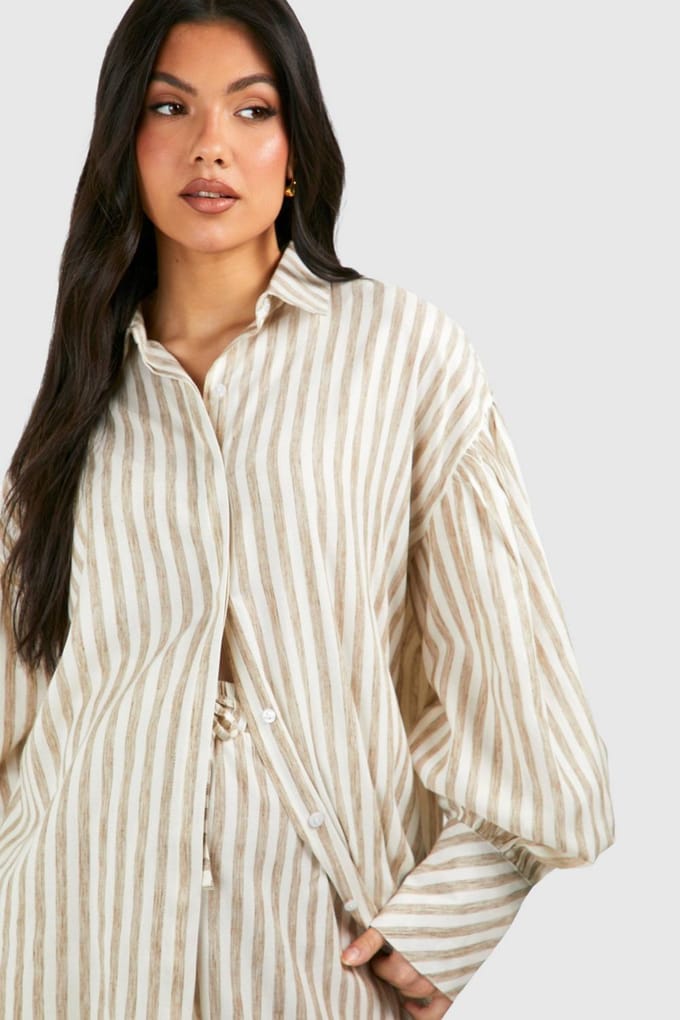 boohoo Dames Maternity Stripe Linen Look Oversized Shirt | Steen | Maat: 38