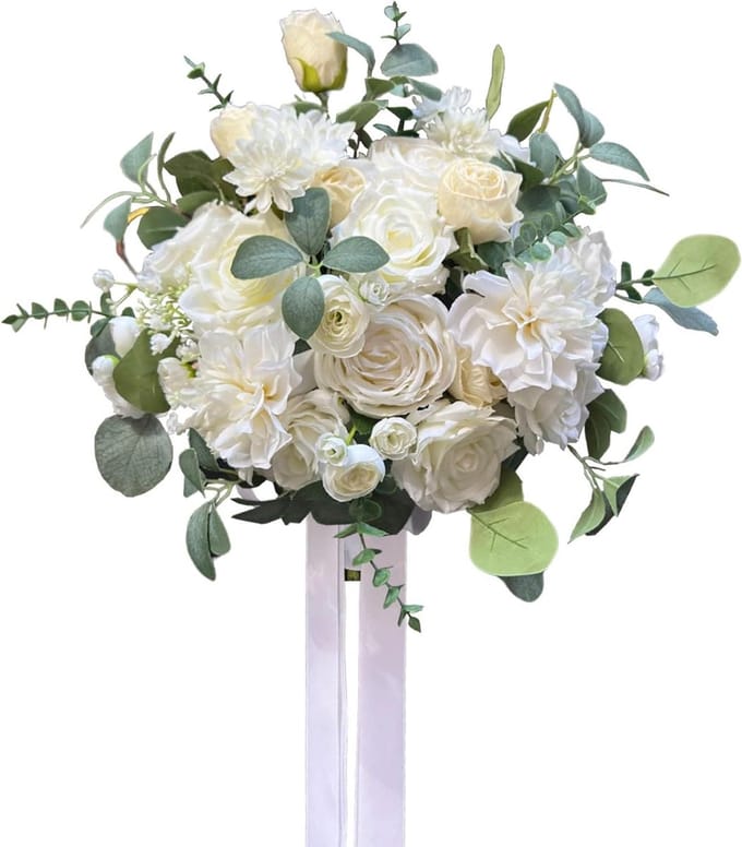 Bruidsboeket Wit - Bruiloft Boeket - Bruiloft Versieren - Handgemaakt Zijde - 36x30x34 cm - Wit
