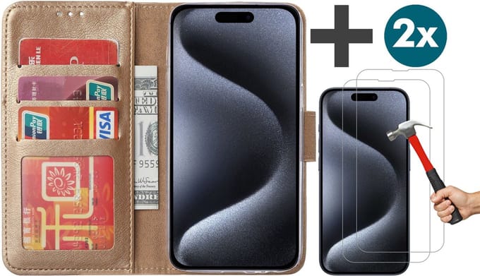 Hoesje met 2 Stuks Screenprotectors Geschikt voor iPhone 15 Pro Max – Arara bookcase met pasjeshouder - Goud