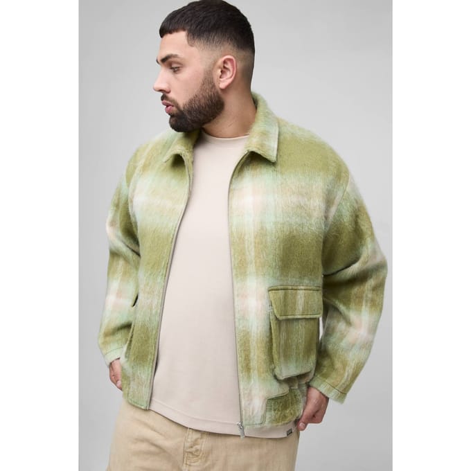 Plus Brushed Check Cargo Pocket Oversized Overshirt | Green | Size 2XL