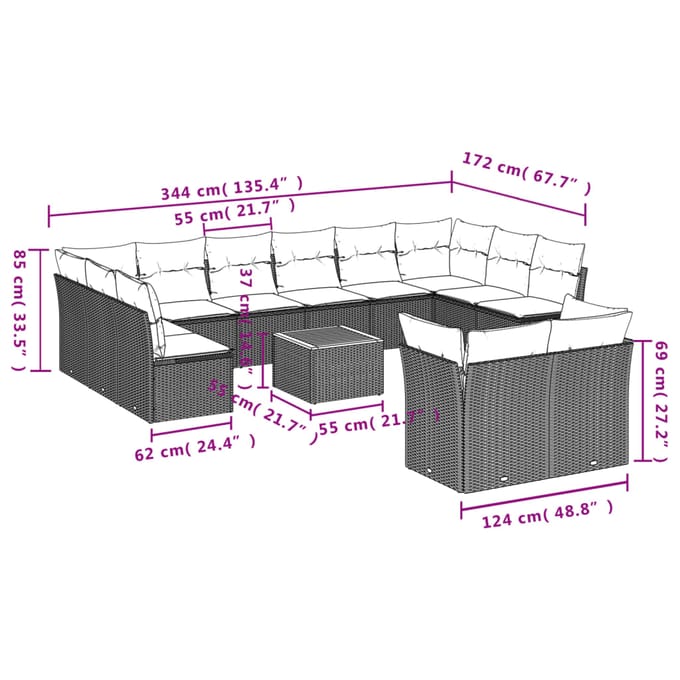 vidaXL - 13-delige - Loungeset - met - kussens - poly - rattan - beige