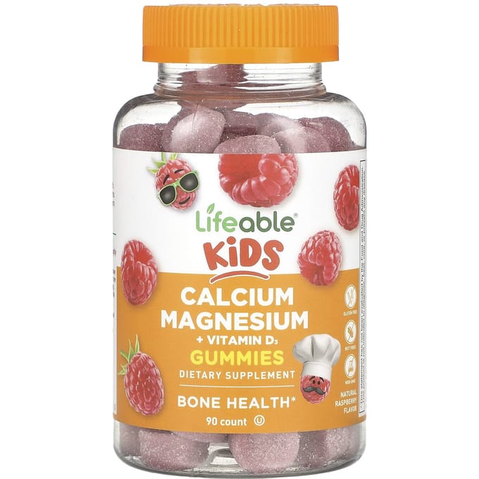 Lifeable, gommes calcium magnésium + vitamine D3 pour enfants, saveur framboise naturelle, 90 gommes