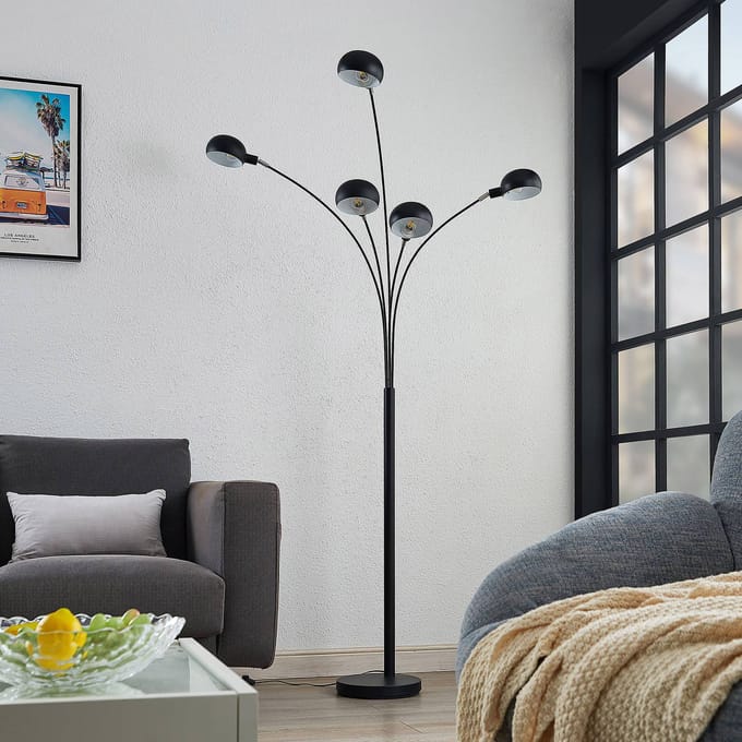 Lindby - vloerlamp - 5lichts - Staal - H: 198 cm - E14 - mat zwart, mat nikkel